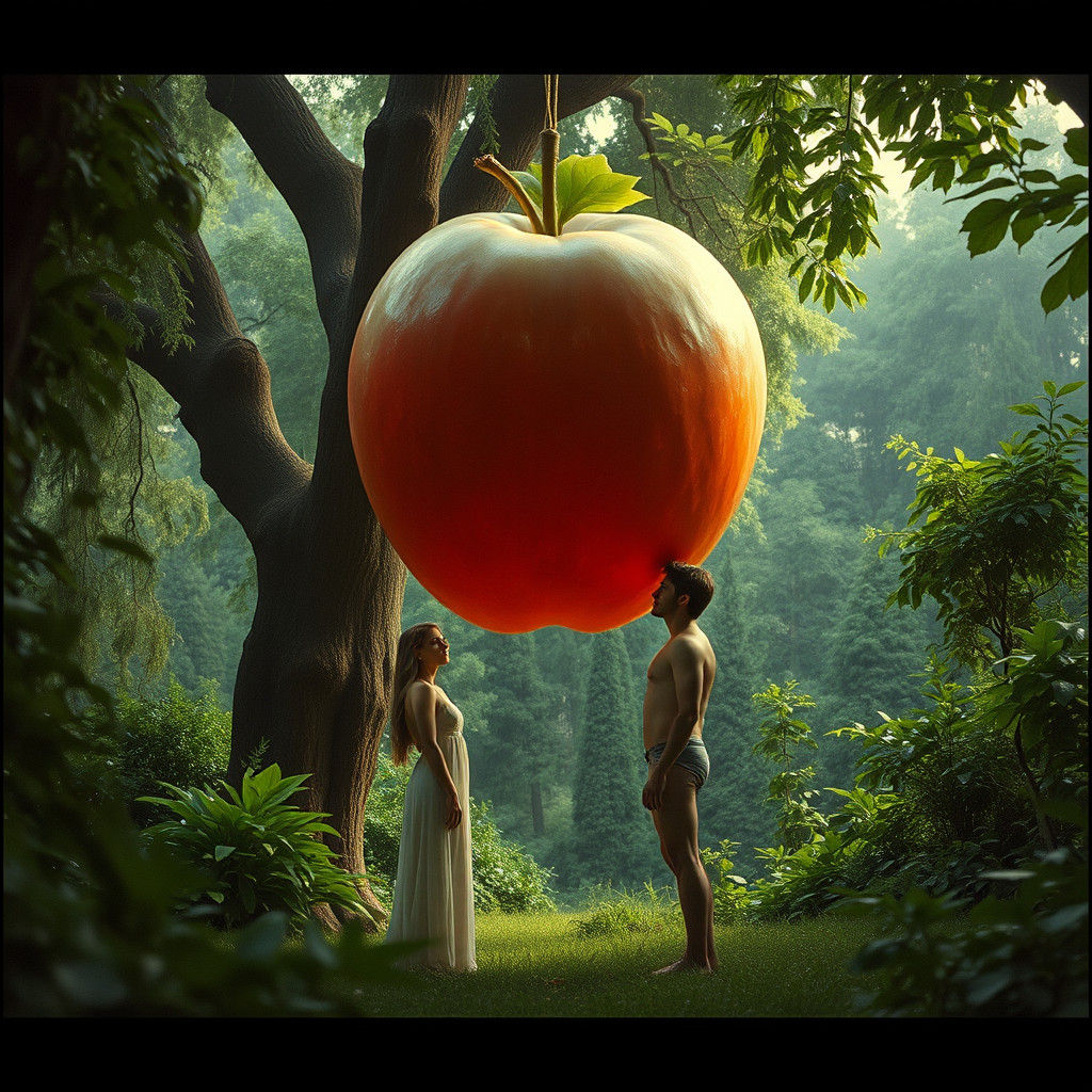 Adam and Eve with Giant Apple, Cinematic Still