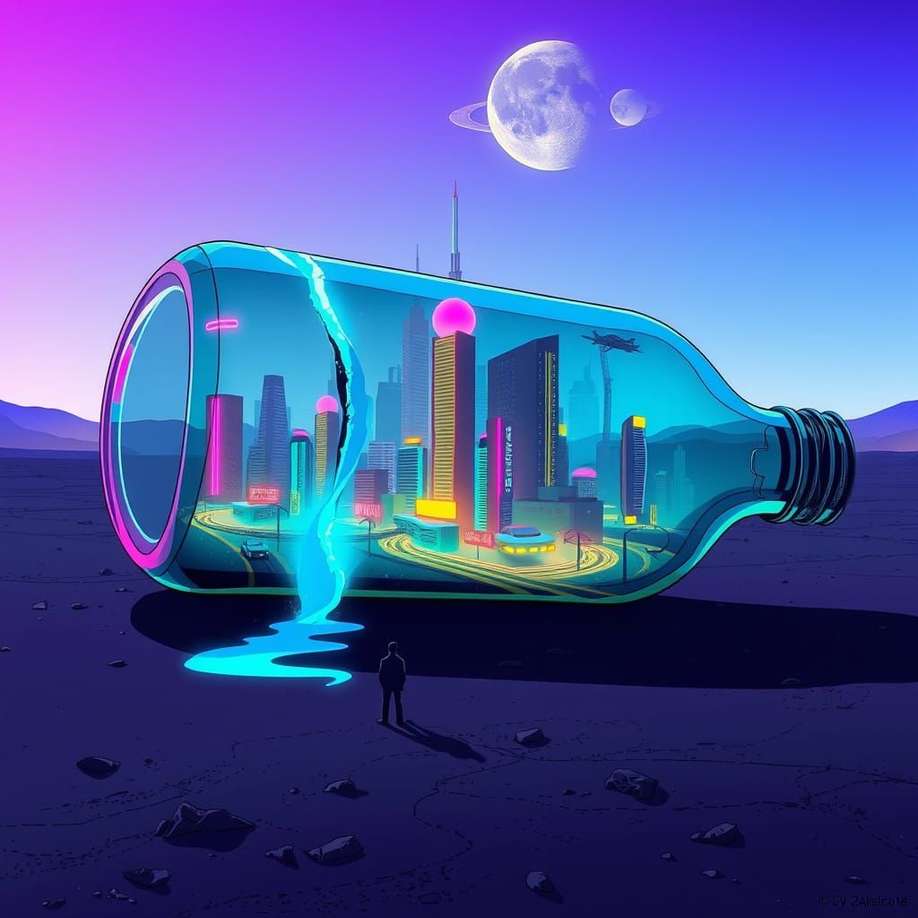 Cyberpunk City in a Bottle Amidst Desert Landscape