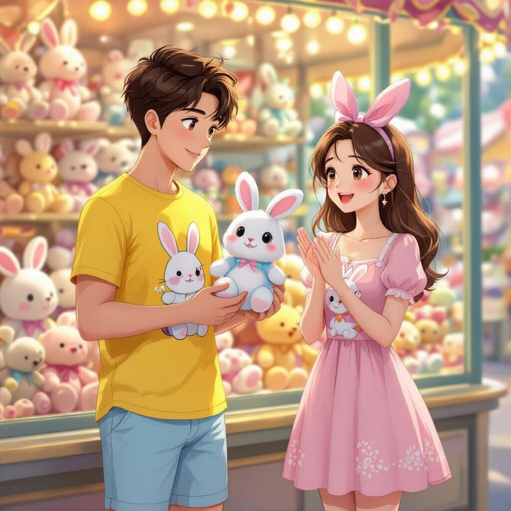Anime Art: Couple at Amusement Park Toy Display