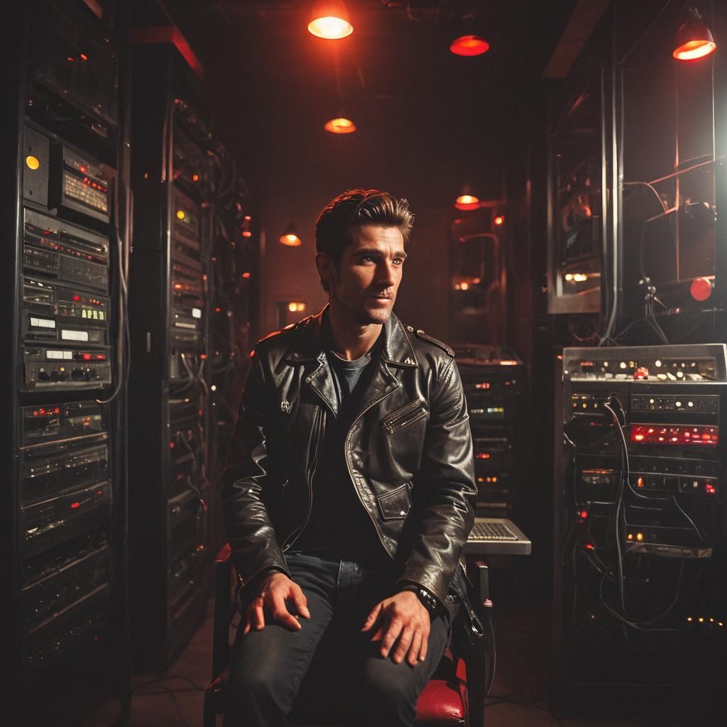 Cinematic Man in Server Room with Red Switch