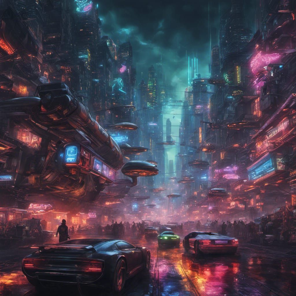 Cyberpunk Cityscape with Neon Lights and Flying Cars