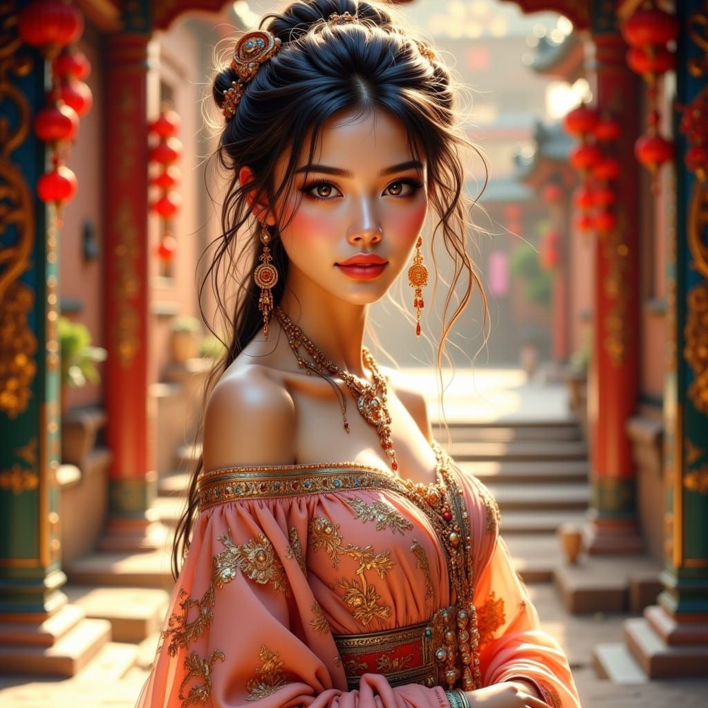 Elegant Woman in Traditional Dress at Chinese Temple