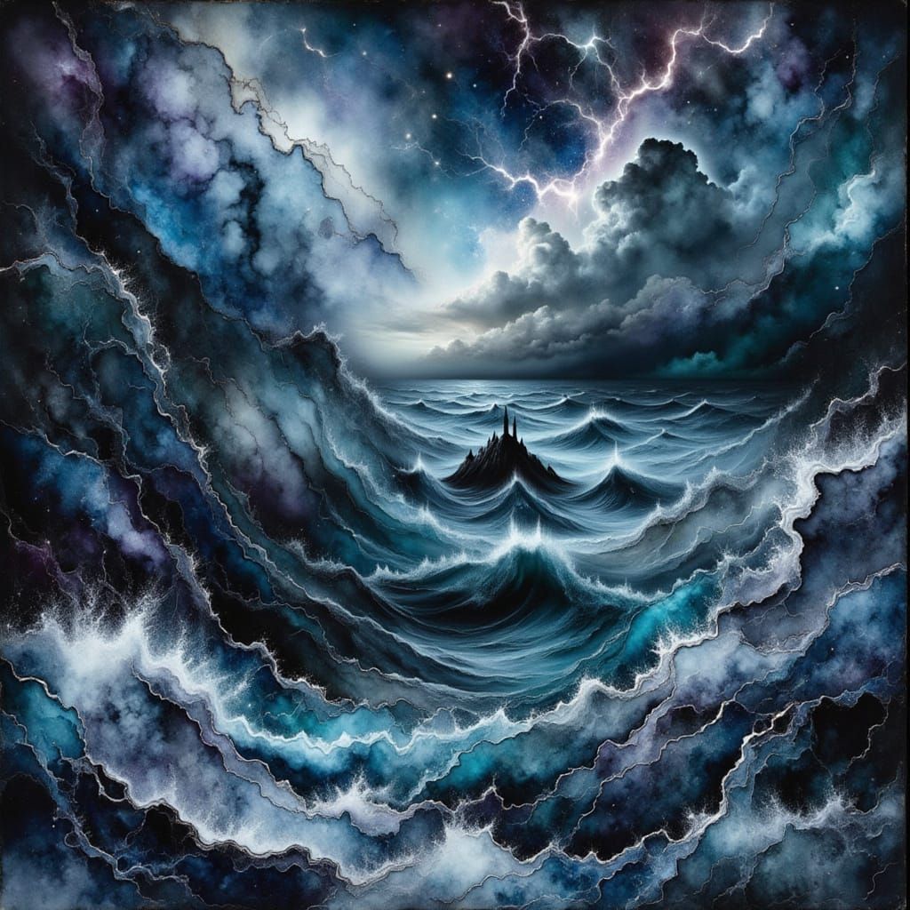 Watercolor Marble Sea with Gothic Island at Night