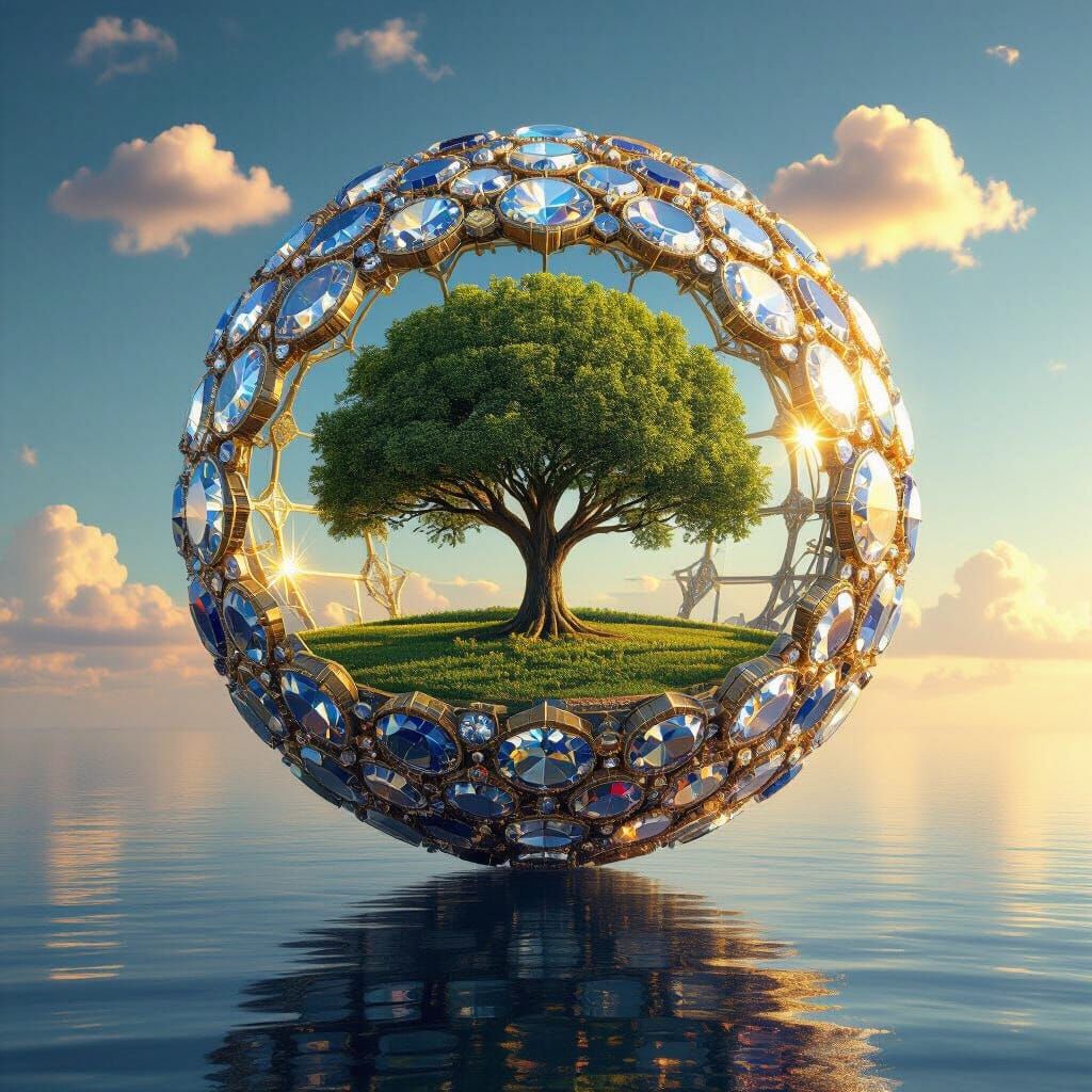 Crystal Diamond Sphere With Tree Over Sea