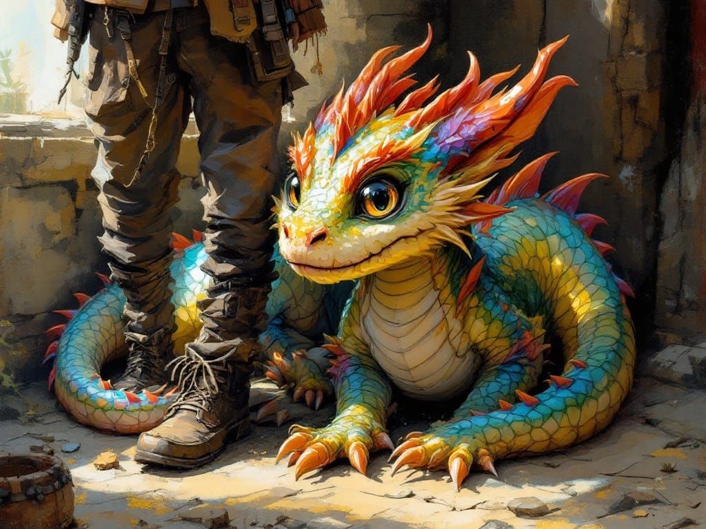 Expressive Dragon with Owner, in Impasto Style