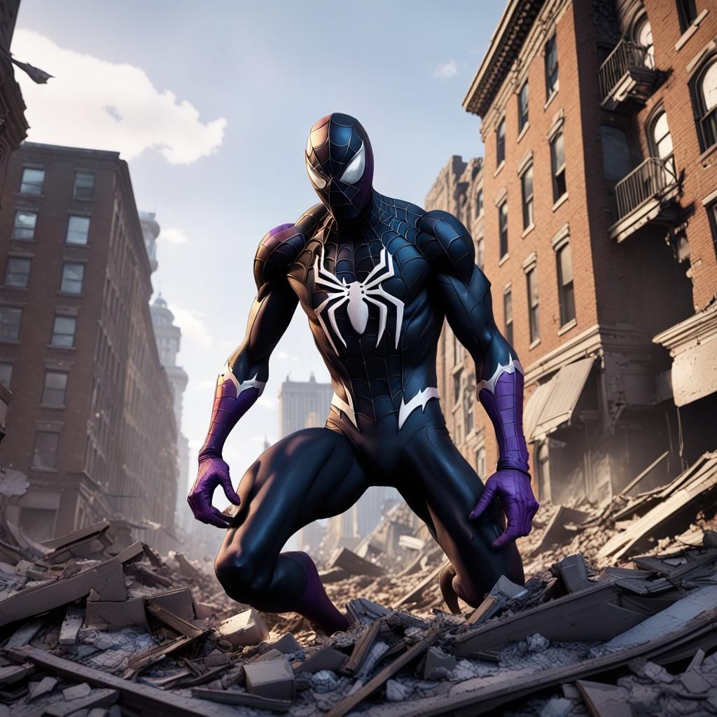 Spider-Man Consumed by Venom in Ruined City