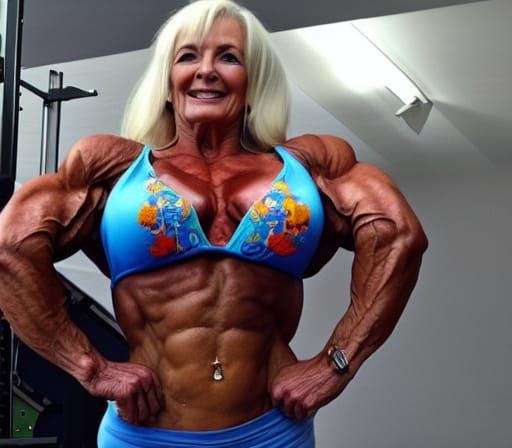 Muscular Elderly Woman Bodybuilder Flexing