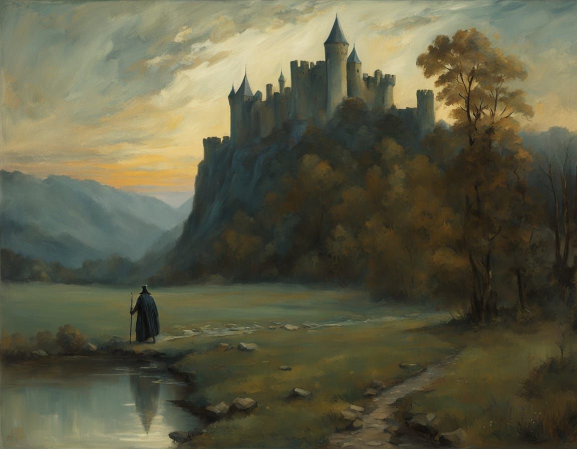 Wizard's Twilight Journey: A Sargent-esque Castle Scene