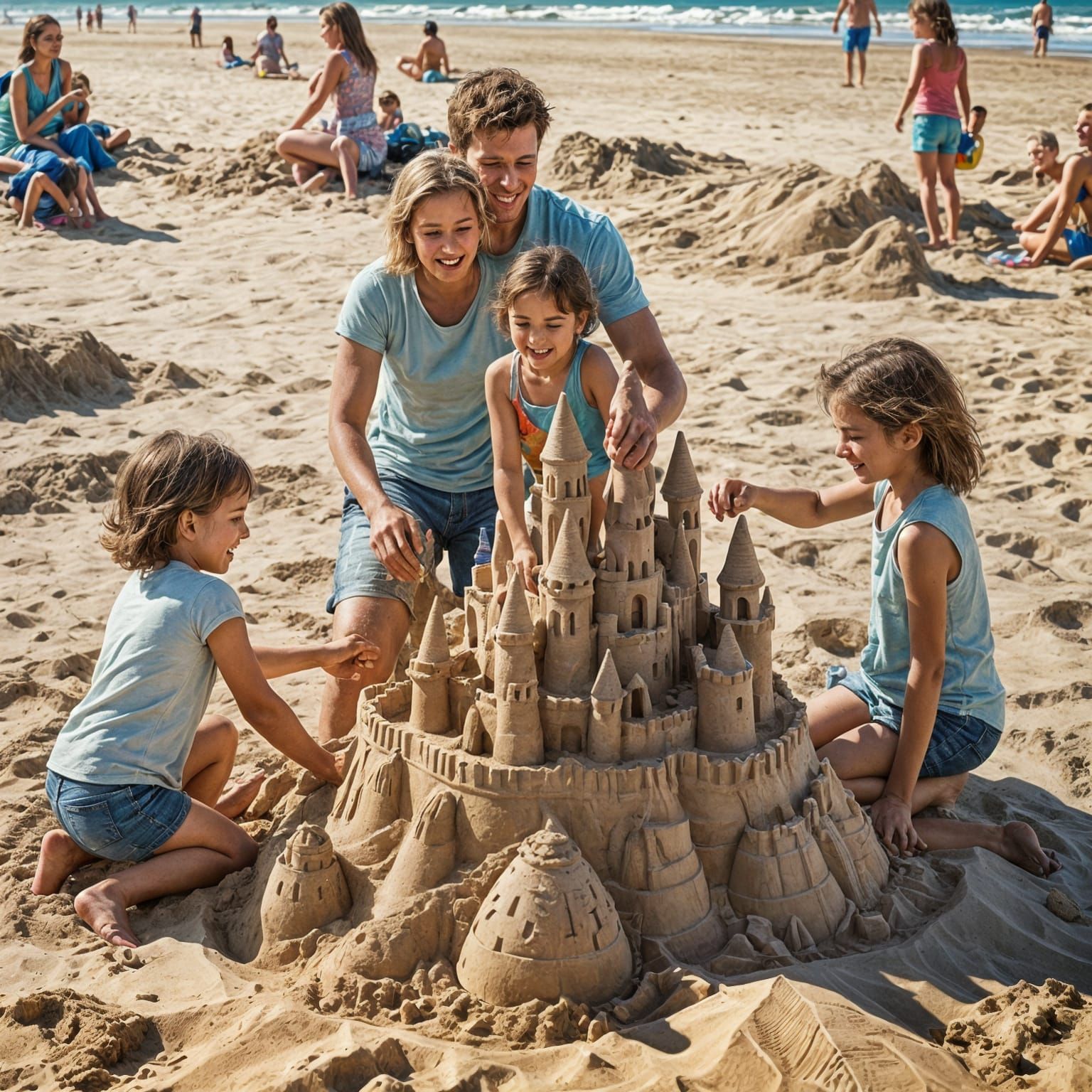 Happy Family Builds Intricately Detailed Sand Castle at Beac...