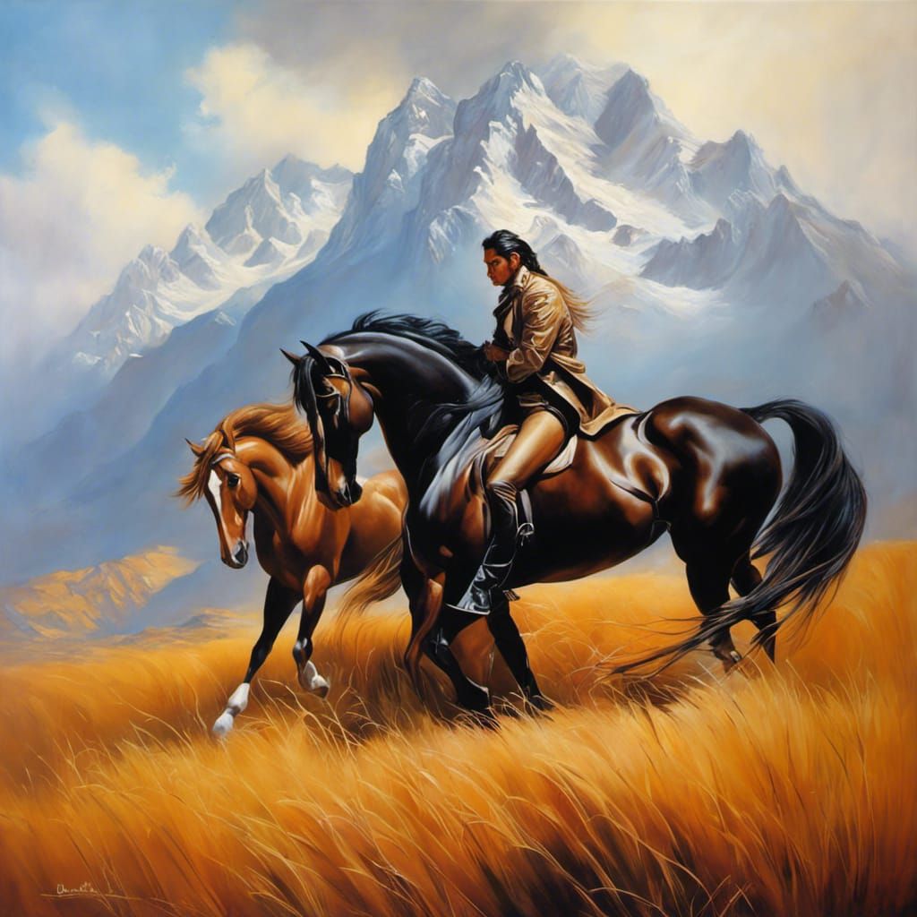 Young Man with Horses in Oil Painting Style
