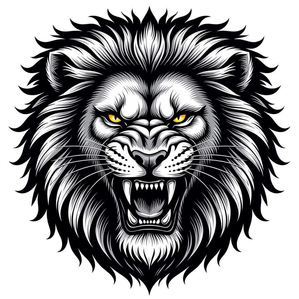 Fierce Lion Head Illustration in Woodcut and Op Art Style