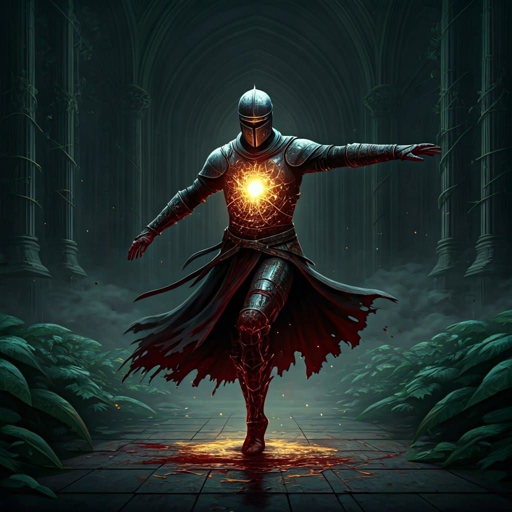 Ominous Knight's Bioluminescent Dance in Dark Fantasy Art