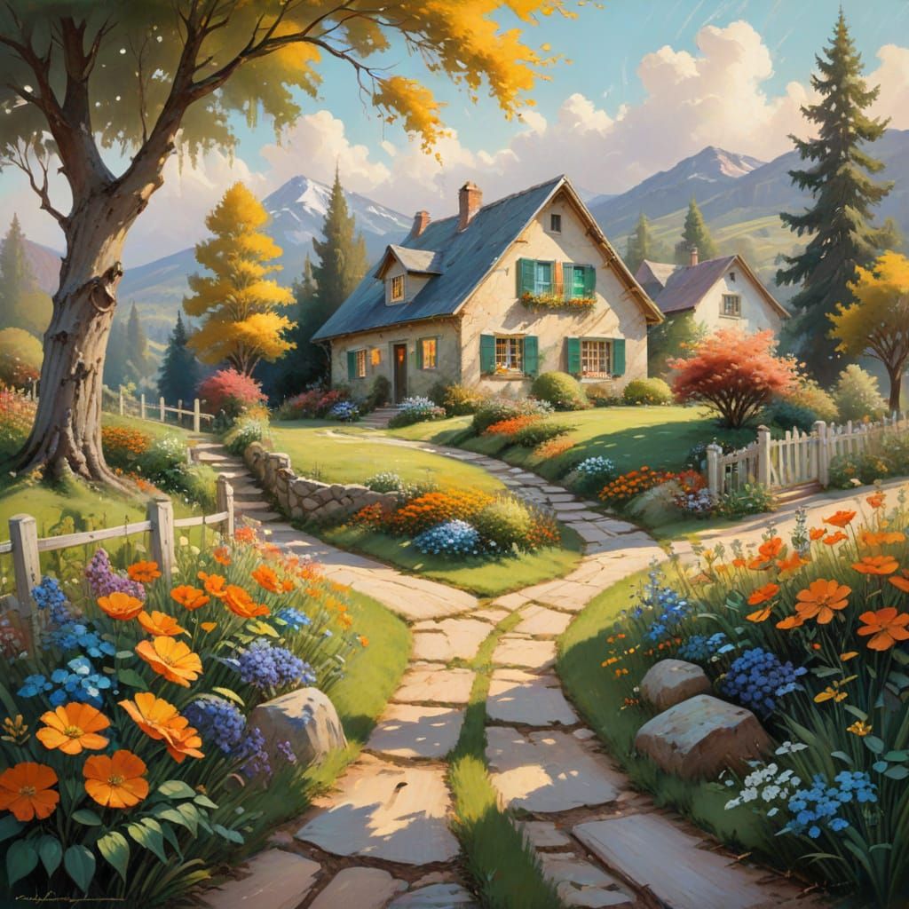 Whimsical Winding Path to a Serene House in a Dreamy Landsca...