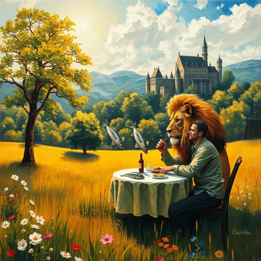 Surreal Landscape with Lion Eating Fish, Van Gogh Style