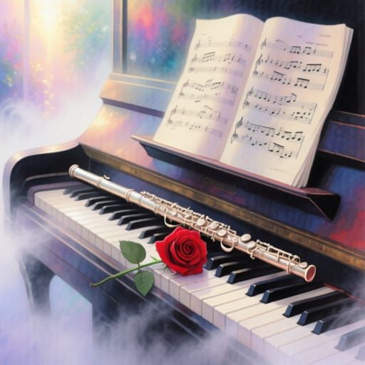Ethereal Piano and Flute Watercolor Painting