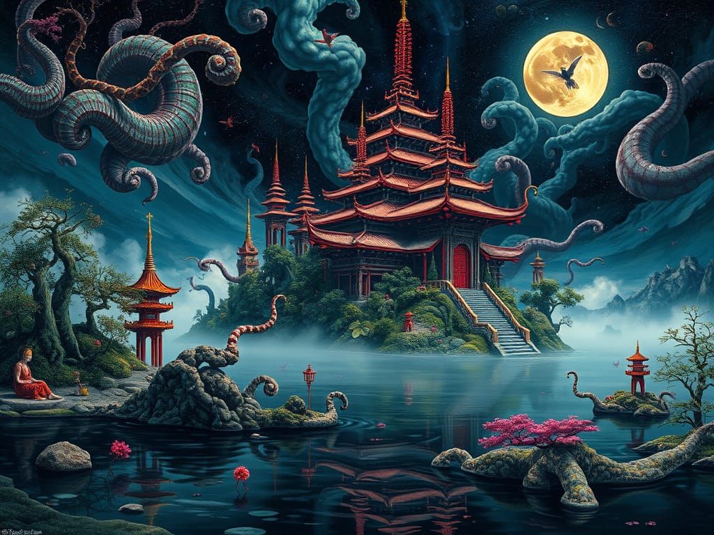 Surreal Japanese Landscape Painting with Buddhist Temple