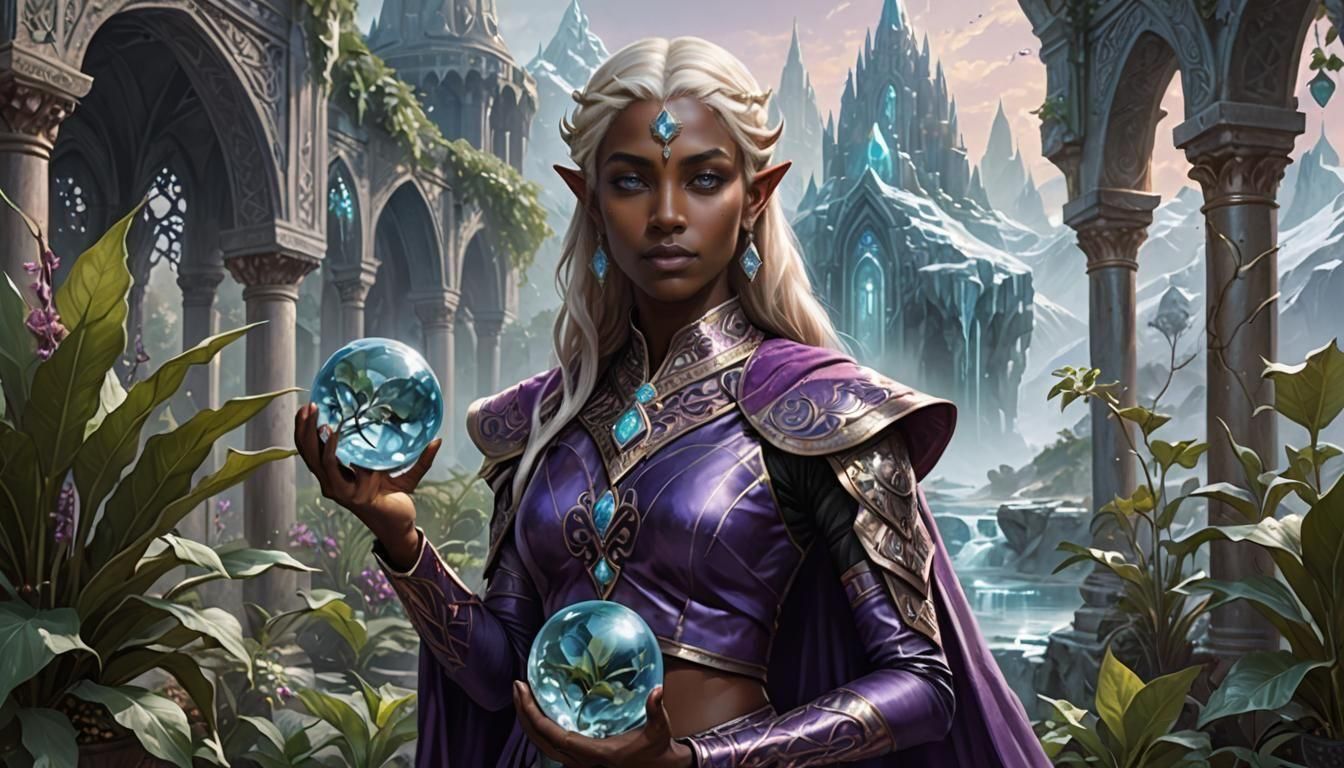 Elven Priestess with Orb in Icy Landscape