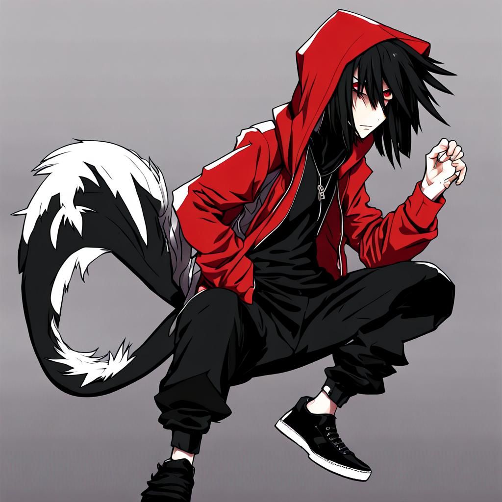Anime Art: Black and Red Feathered Deinonychus Monk