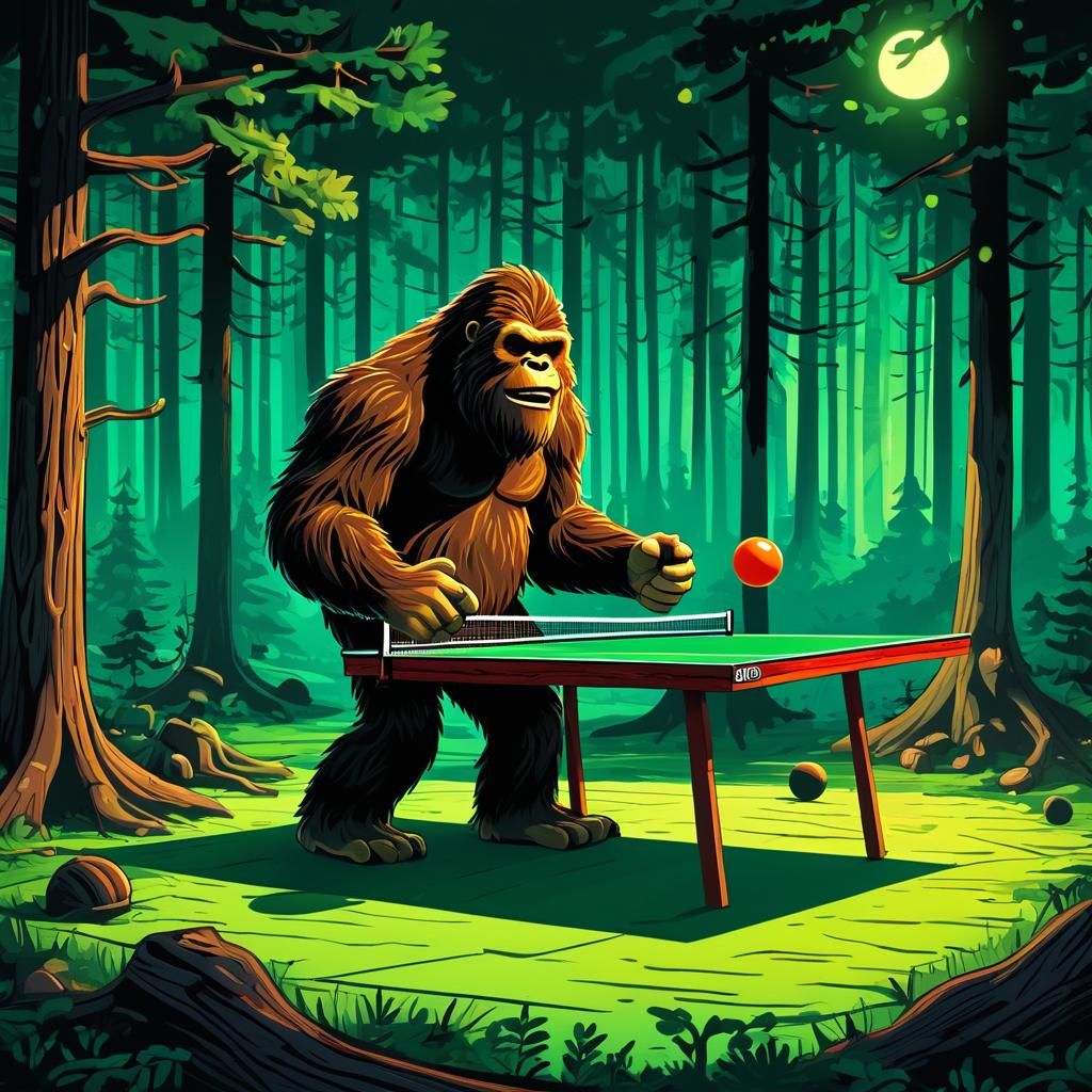 Bigfoot's Forest Ping Pong Match: Cartoon Illustration