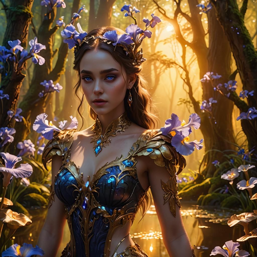 Mystical Forest Reflected in Girl's Glowing Eyes