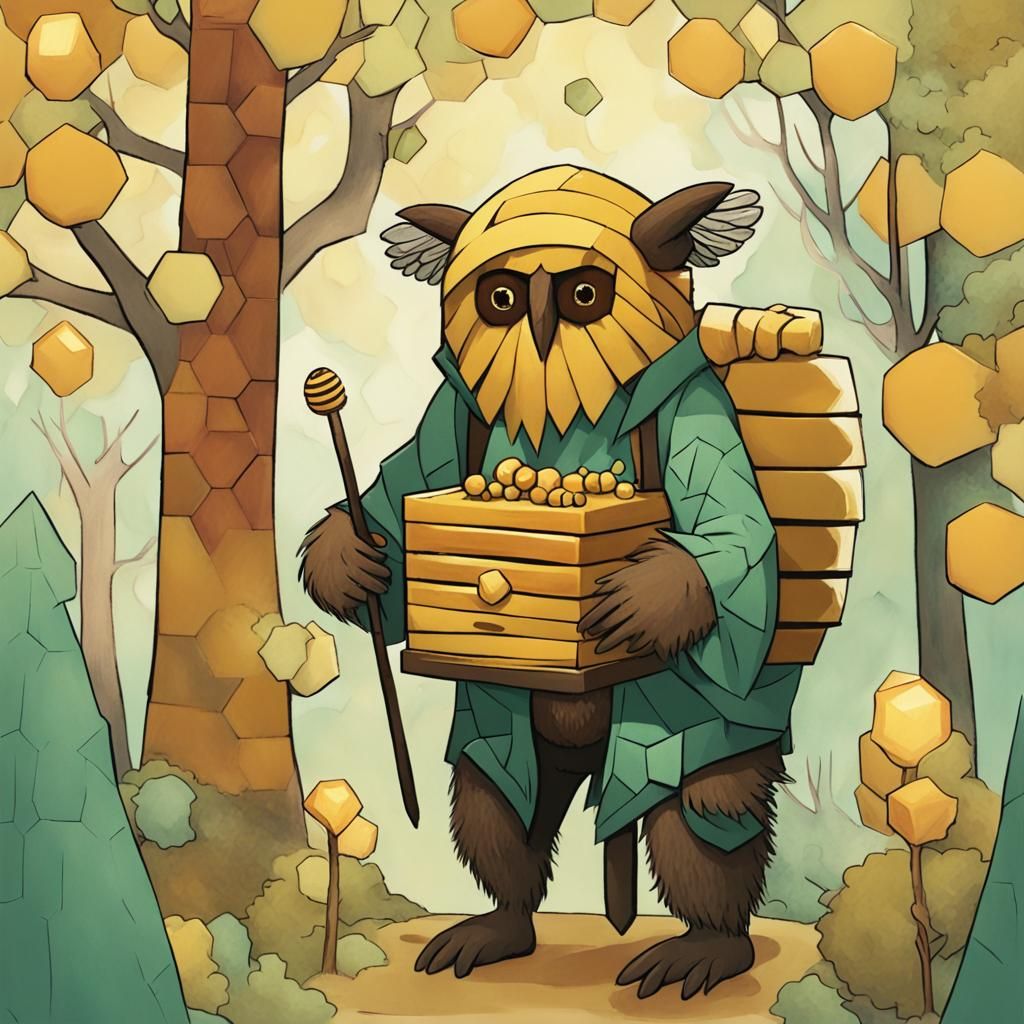 Owlbear Ranger Stealing Honey, Naive Art Style