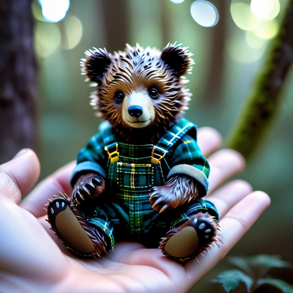 Mini Bear Cub in Plaid in Enchanted Forest