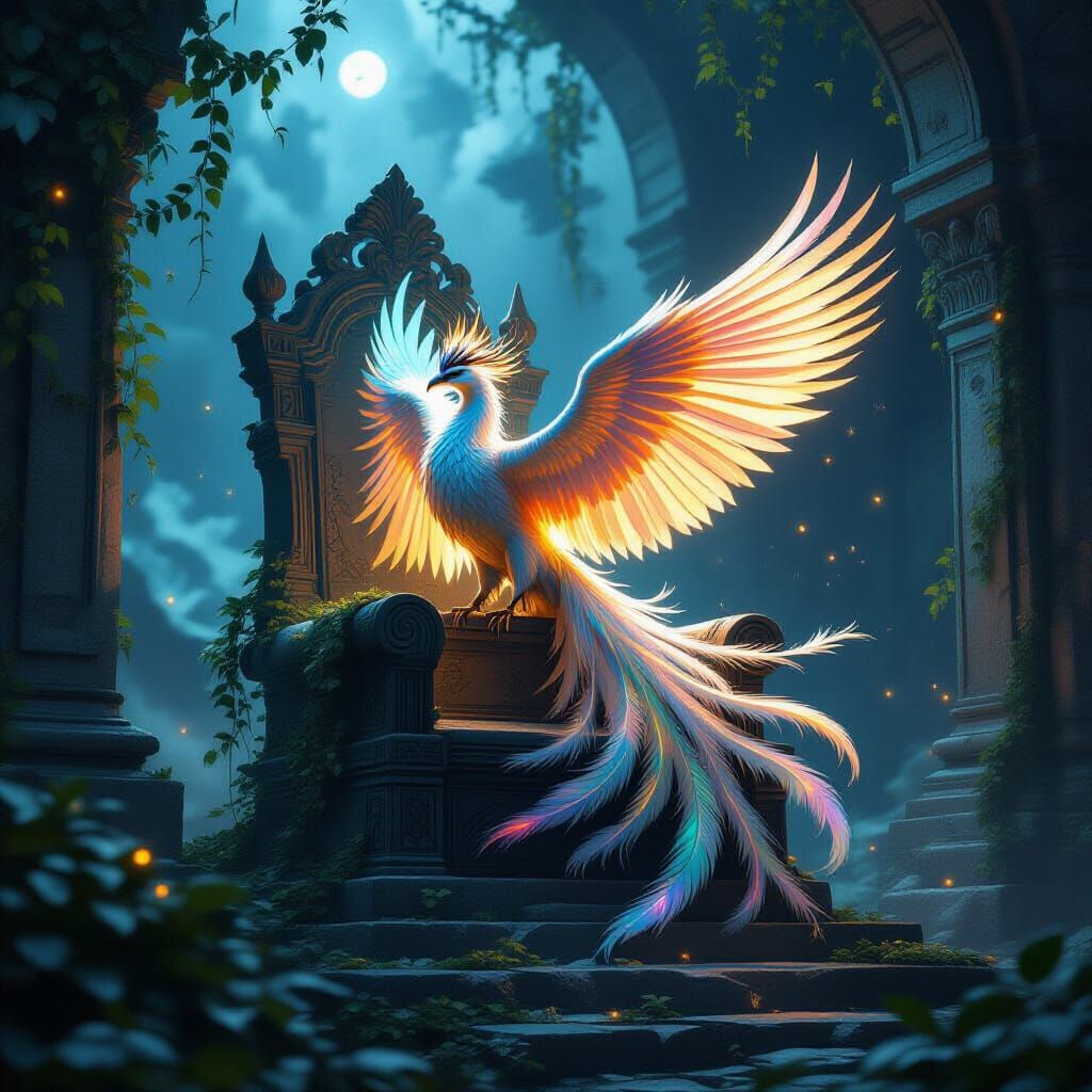 Phoenix on Ancient Throne in Dark Fantasy Style