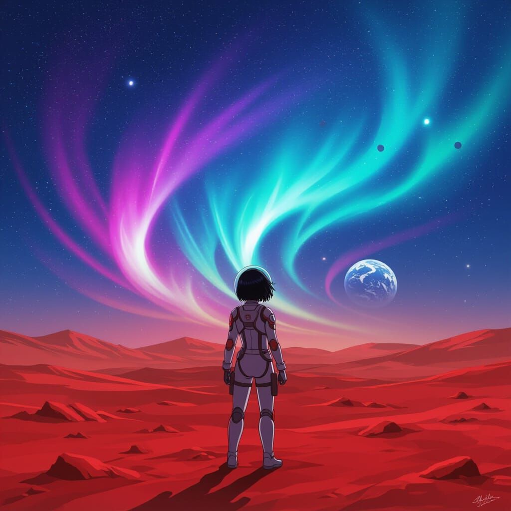 Astronaut on Mars Under Aurora Sky