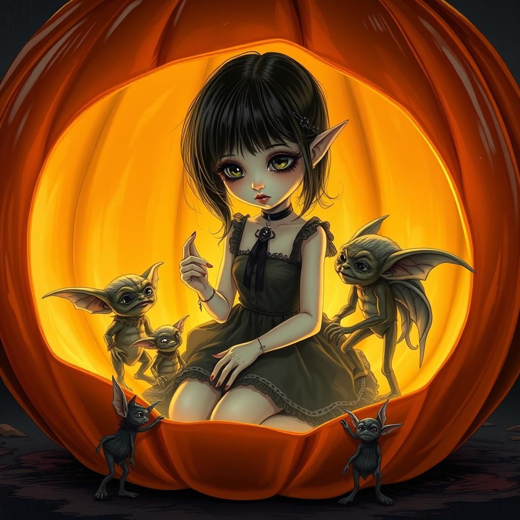 Goth Girl with Gremlins in Amber Pumpkin, Burtonesque
