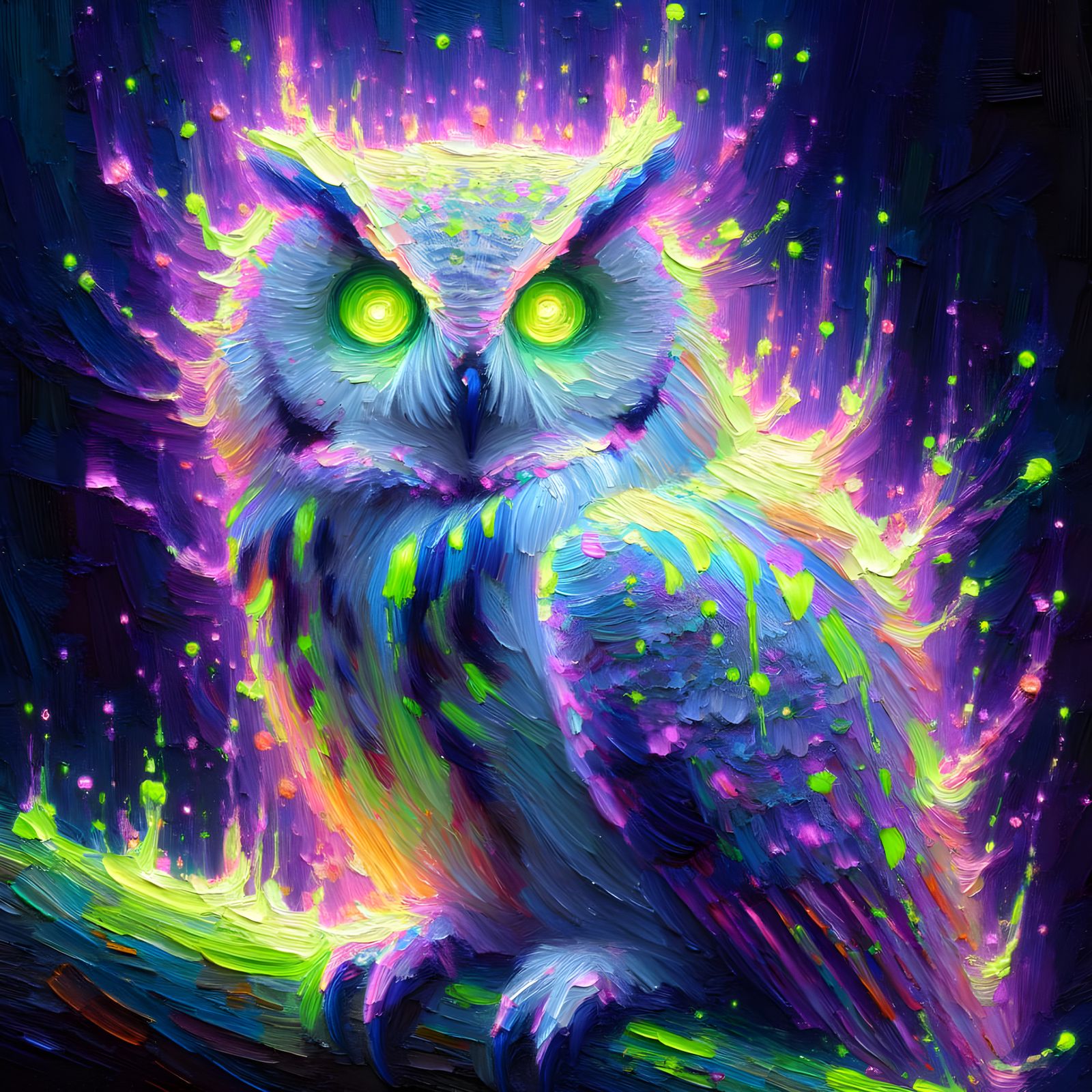 Bioluminescent Owl Radiating Neon Light as Impressionistic O...