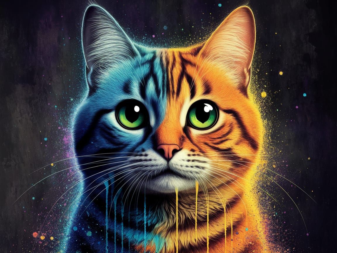 Vibrant Cosmic Cat Portrait in Spray-Paint Art Style