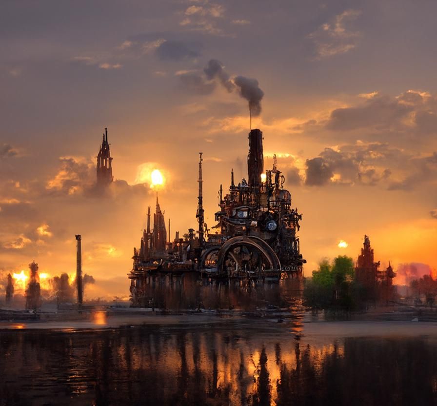 Gothic Steampunk City on Lake at Sunset: Digital Art