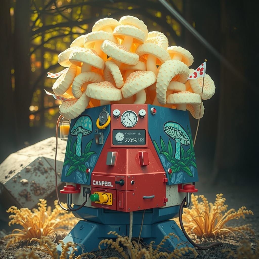 Surreal Forest Scene with Mushroom Flags in Hyperreal Style