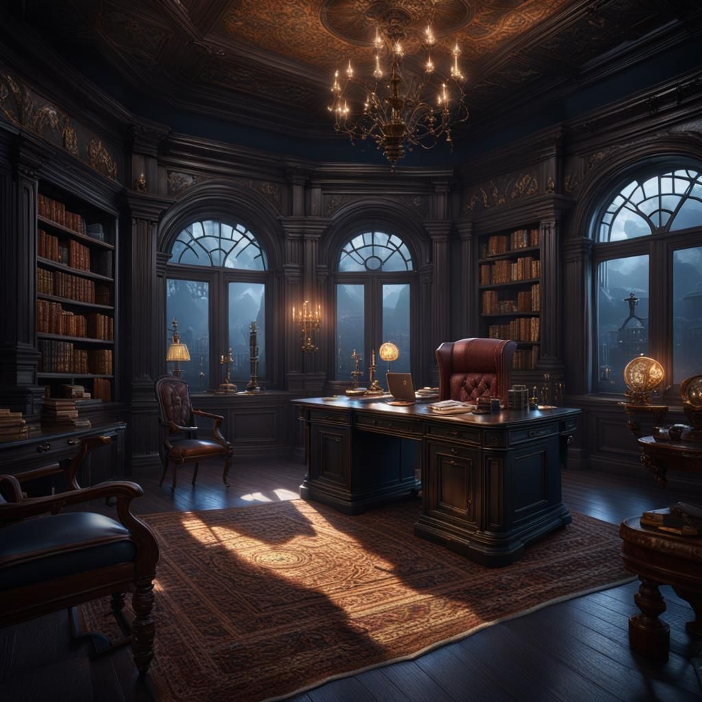 Dark Manor Lady's Office with Balcony View