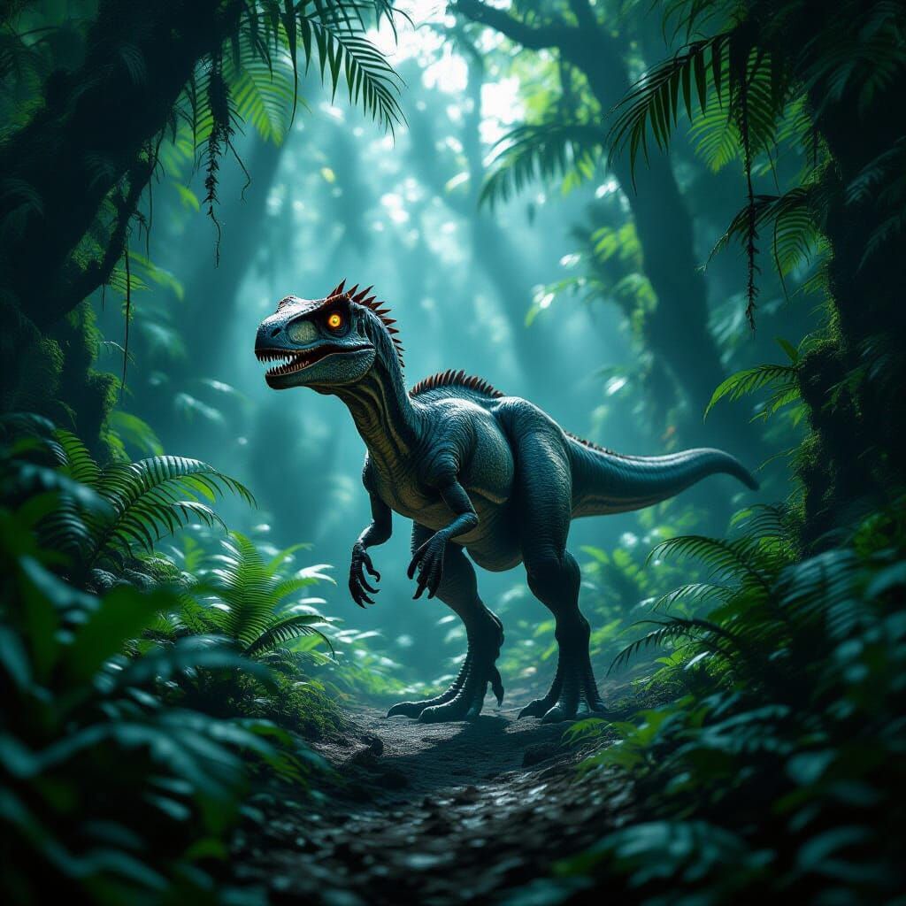 Velociraptor Stalks Jungle in Cinematic Cosmic Horror Style