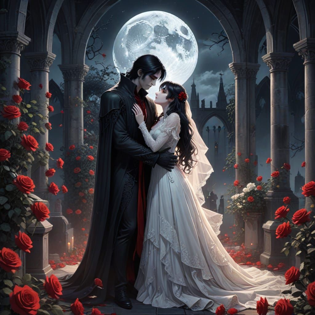 Dark Fantasy Vampire Bride and Groom in Ruins