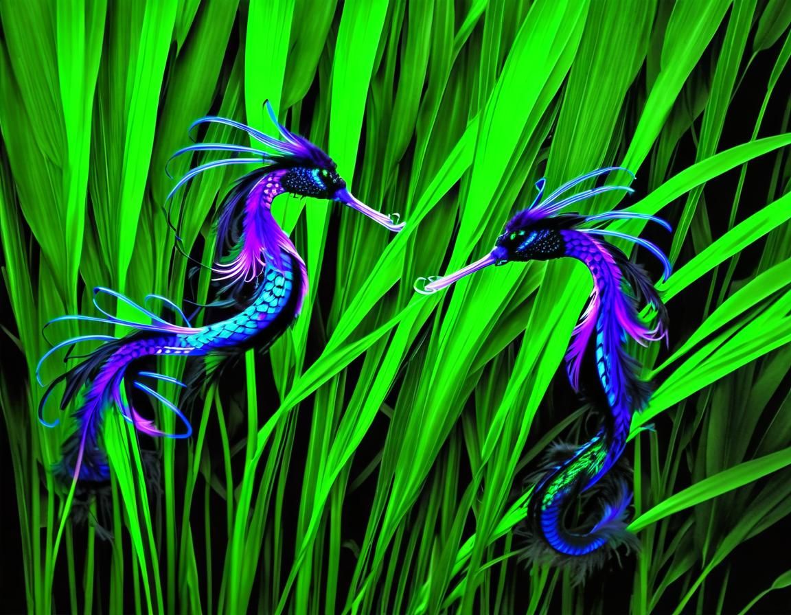 Fluorescent Leafy Seadragons Swimming Among Sea Grass