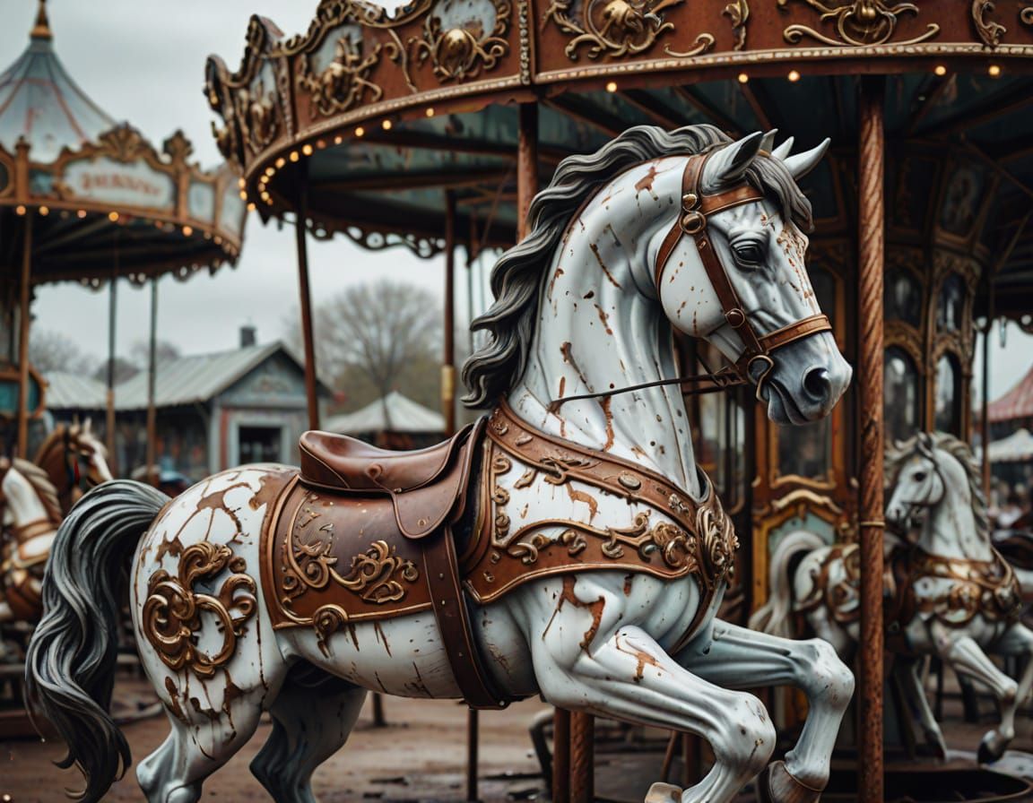 Rusted Carousel Horse in Dilapidated Amusement Park