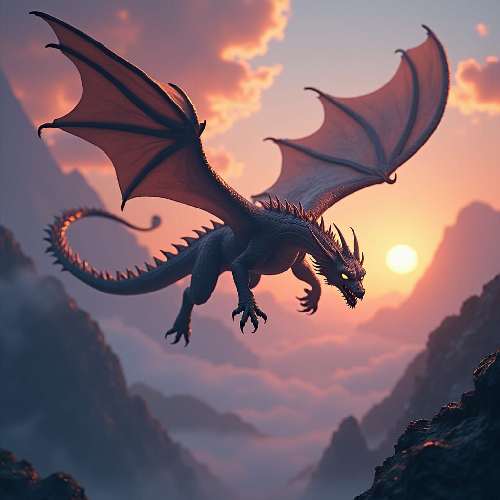 Majestic Dragon Soaring Through Mystical Landscape