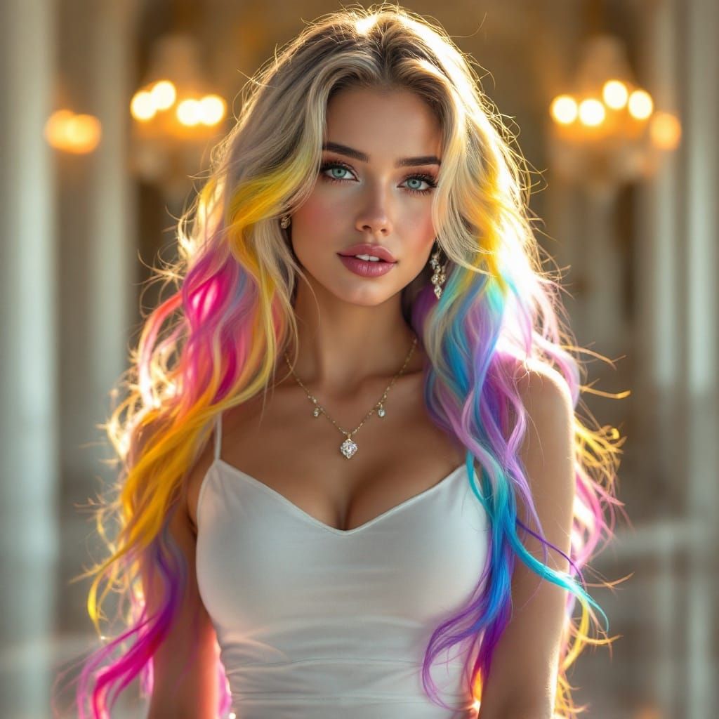 Glamorous Woman in Lavish Ballroom with Sparkling Diamonds