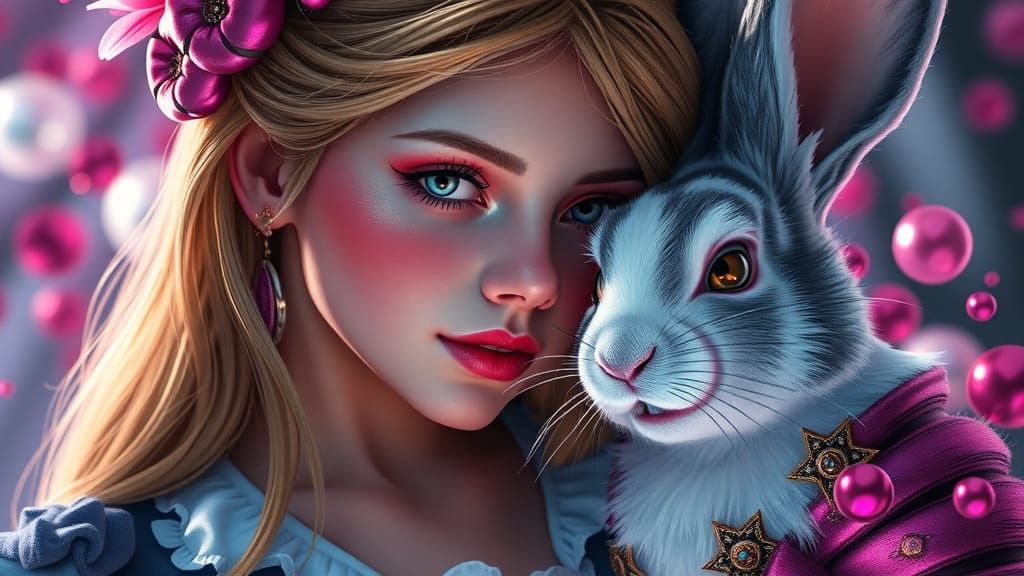 Surreal Wonderland Portrait with the White Rabbit and Cheshi...