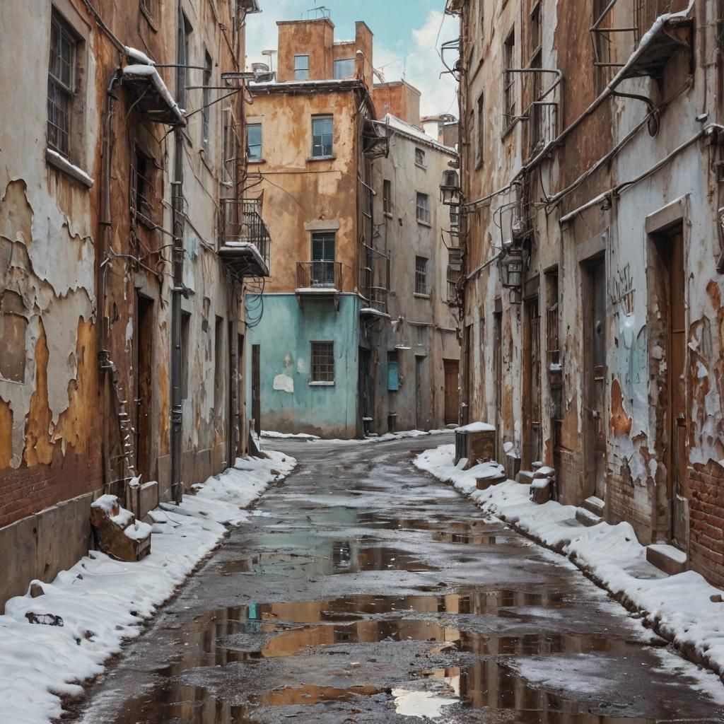 Surreal City Alley Under Puffy Snow