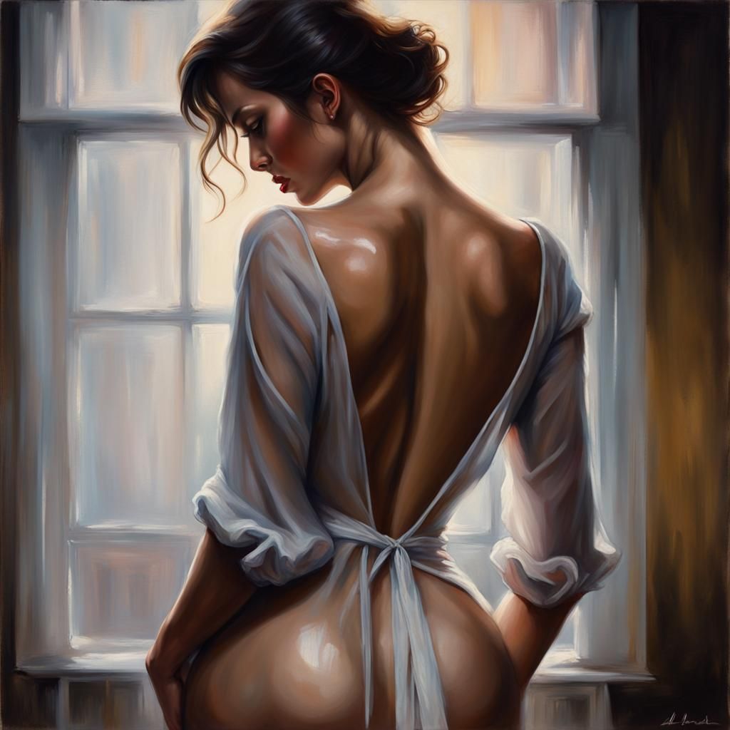 Hourglass Figure in Wet Shirt: Hyperrealistic Oil Painting