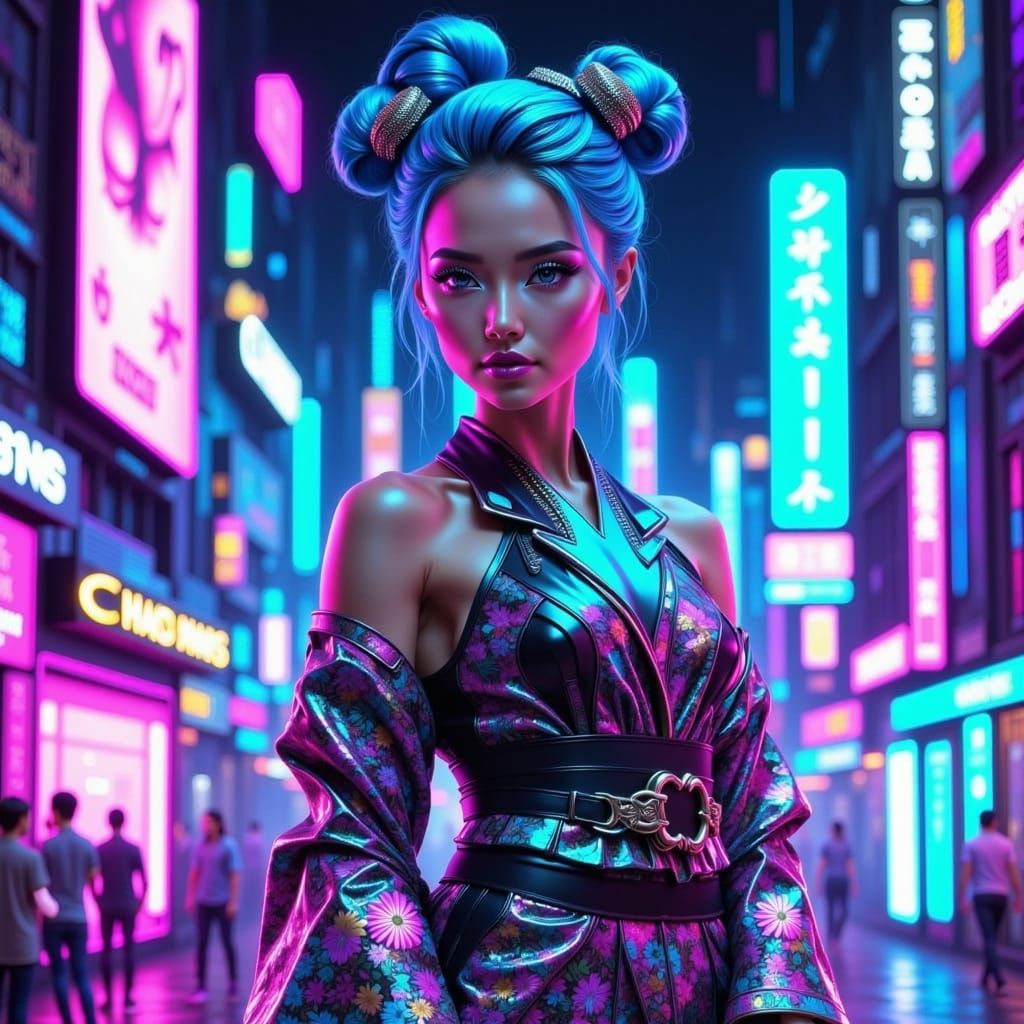 Futuristic Geisha Cyborg in Neon Cityscape