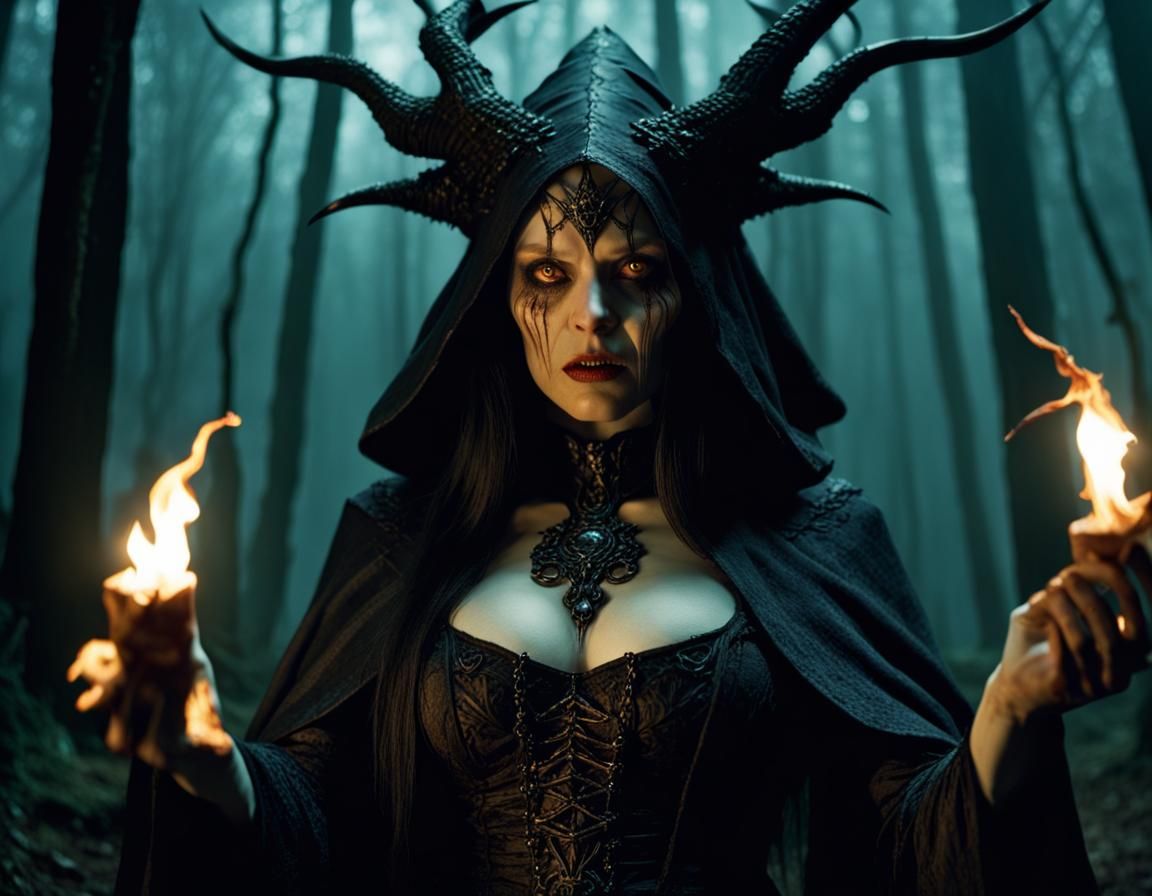 Evil Sorceress in Cursed Forest at Witching Hour