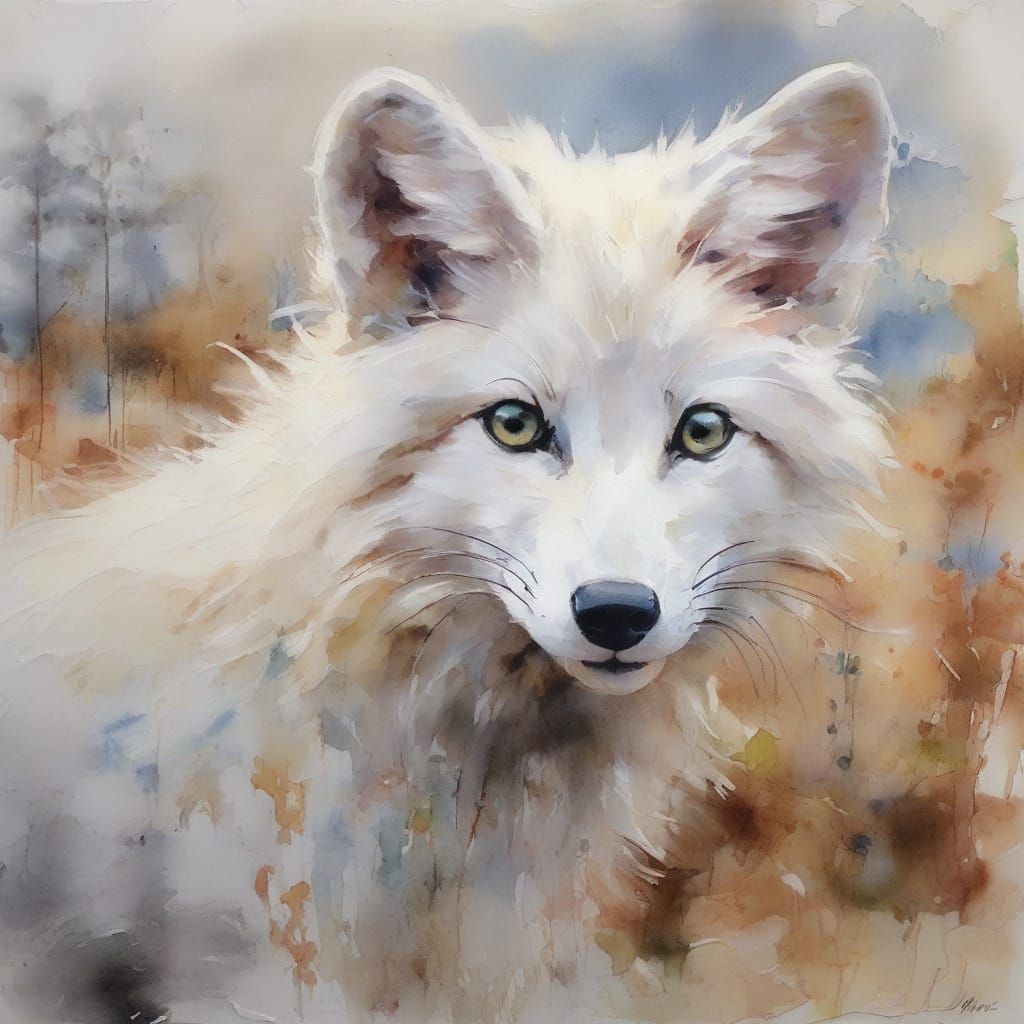 Arctic Fox Kit Peeking in Delicate Watercolor Style