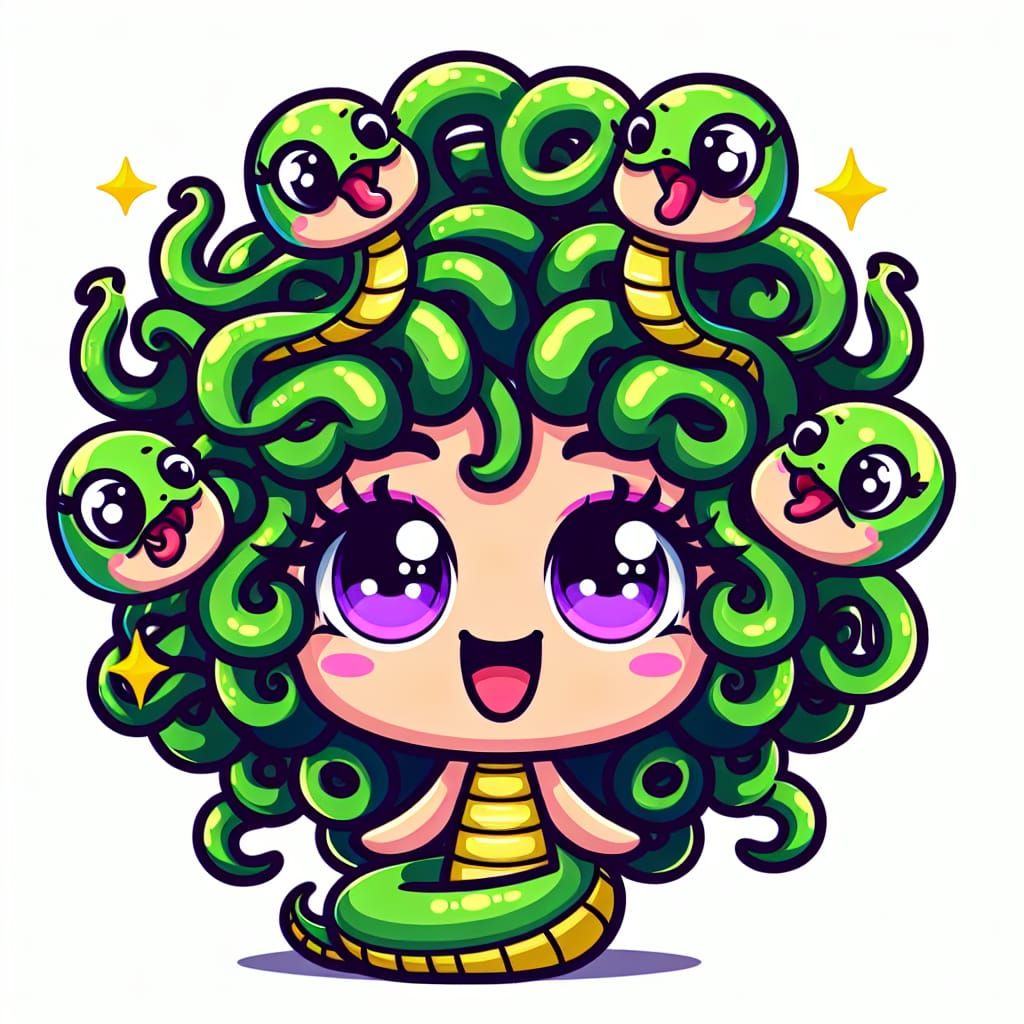 Charming Cartoon Medusa with Joyous Snakes