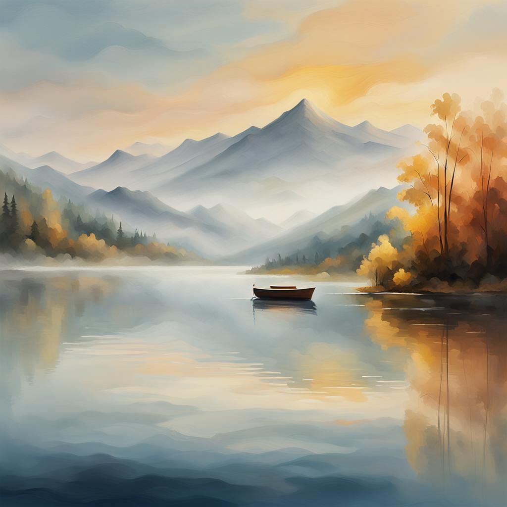 Serene Lake Landscape with Drifting Boat