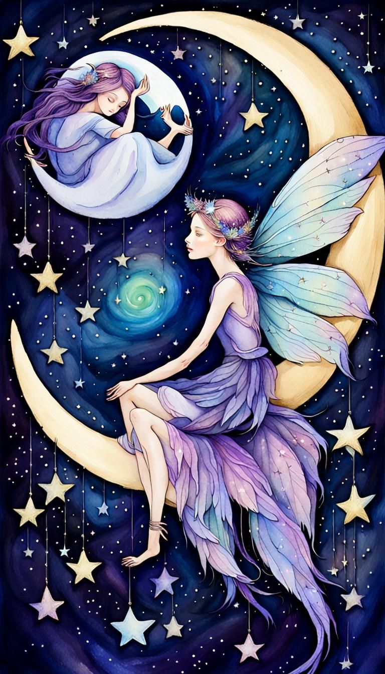 Ethereal Fairy on Crescent Moon in Watercolor