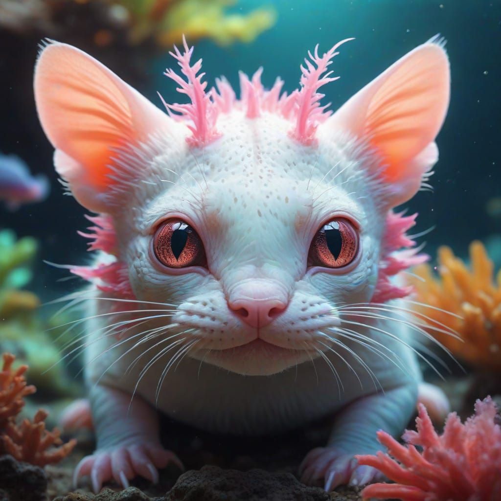 Enchanted Bioluminescent Cat-Axolotl in Vibrant Coral Reef